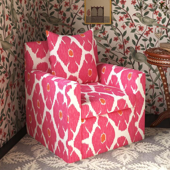 John’s pink-and-orange Lotus colorway is one of his favorites: “It was one of my first prints and is fun to bring back in new shapes.” Here it’s shown in the Poppy fabric on the Kashida swivel chair.

